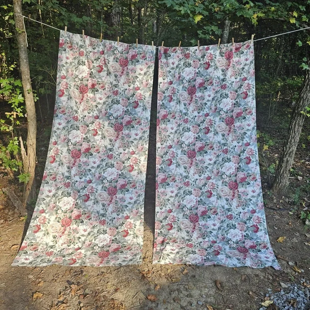 Vintage Rose Curtains Pink Red Floral Cottagecore Drapes Lined Panels Tiebacks